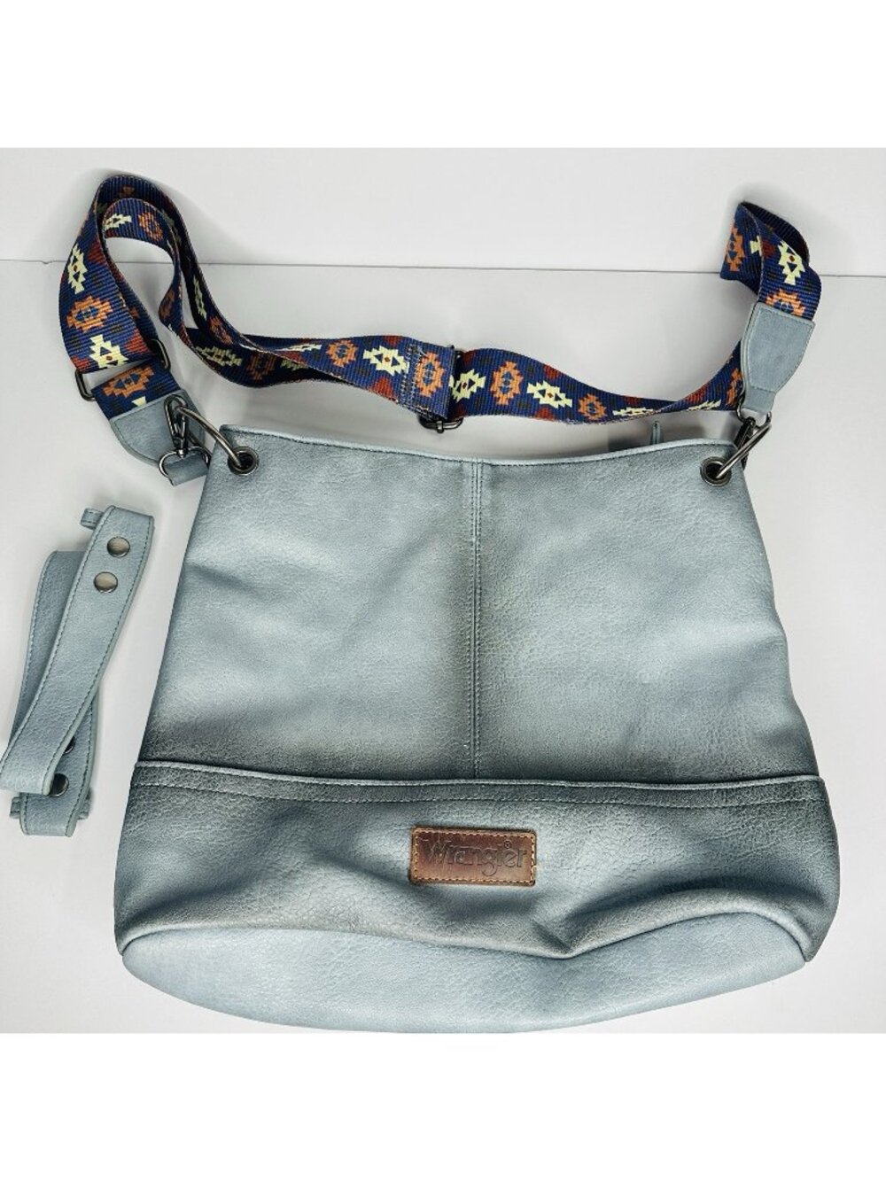 Wrangler Blue Faux Leather Shoulder Bag Aztec Strap Boho Western Purse Vegan VTG